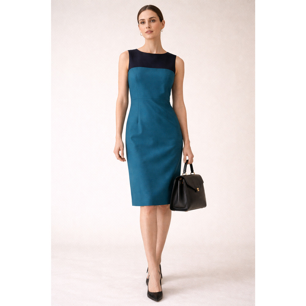 Pendleton Sheath Dress 10 Blue Sheath Wool Stretch Boat Neck Academia Career